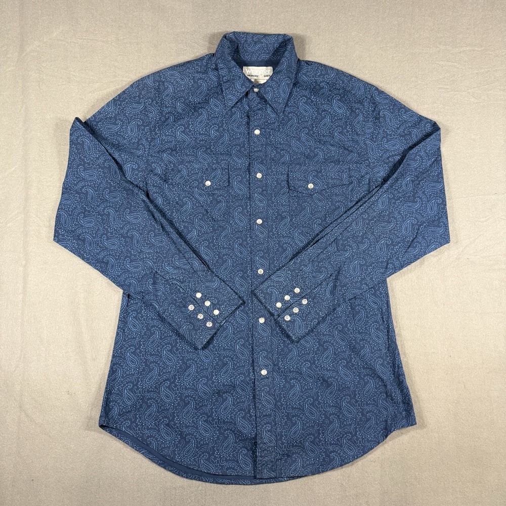 Wrangler Wrancher Blue Paisley Western Pearl Snap Shirt Mens Medium Long Sleeve